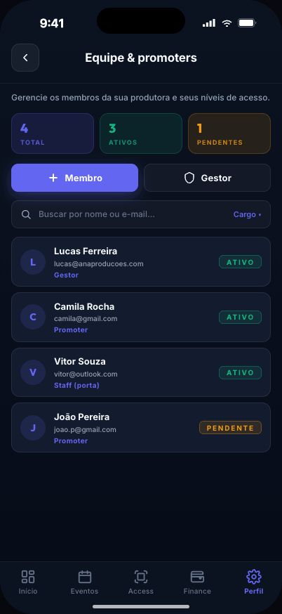 Passo 3: Convide sua equipe e promoters — tela do app Pulse para produtores