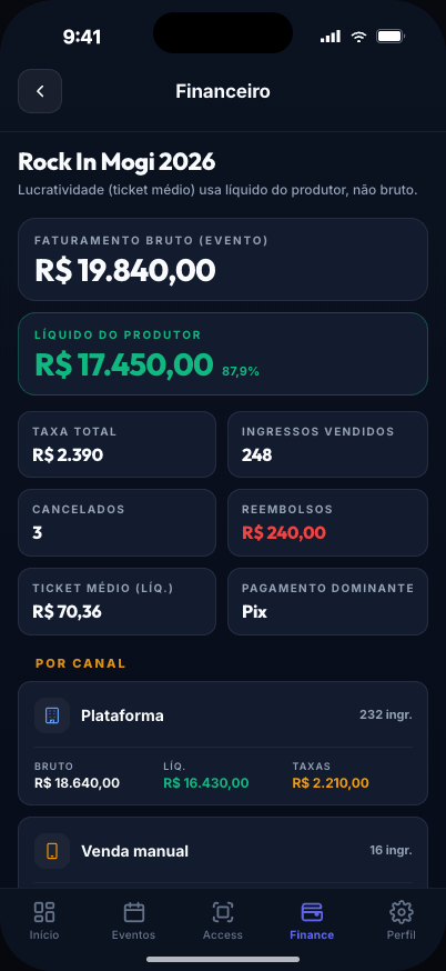 Tela do painel financeiro no app Pulse para produtores