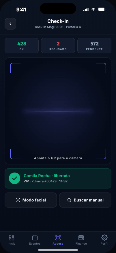 Tela de check-in facial no app Pulse para produtores