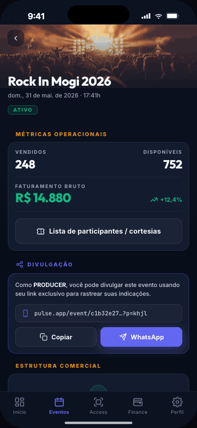 Passo 4: Acompanhe as vendas em tempo real — tela do app Pulse para produtores